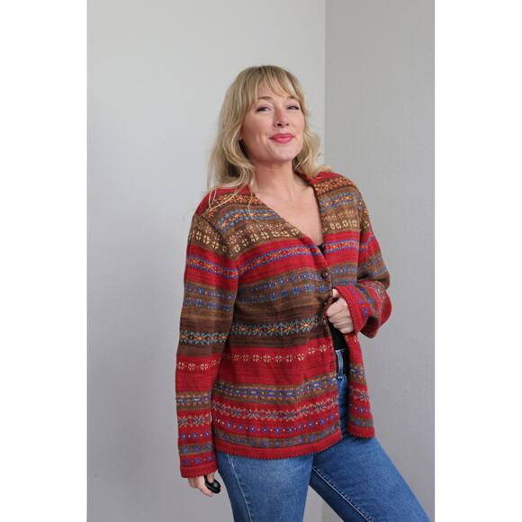 2000's Vintage Tiara International Knit Fair Isle Cardigan Sweater Women's MD LG - Picture 4 of 10